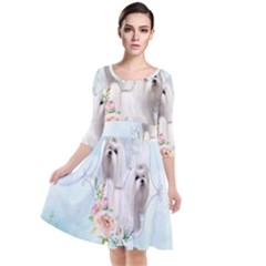 Cute Little Maltese With Flowers Quarter Sleeve Waist Band Dress by FantasyWorld7