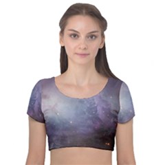 Orion Nebula Pastel Violet Purple Turquoise Blue Star Formation Velvet Short Sleeve Crop Top  by genx