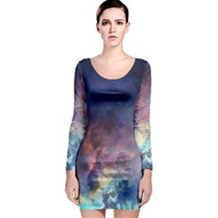 Lagoon Nebula Interstellar Cloud Pastel Pink, Turquoise And Yellow Stars Long Sleeve Bodycon Dress by genx