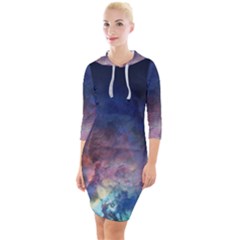 Lagoon Nebula Interstellar Cloud Pastel Pink, Turquoise And Yellow Stars Quarter Sleeve Hood Bodycon Dress by genx