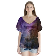 Carina Nebula Ngc 3372 The Grand Nebula Pink Purple And Blue With Shiny Stars Astronomy V-neck Flutter Sleeve Top by genx