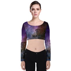 Carina Nebula Ngc 3372 The Grand Nebula Pink Purple And Blue With Shiny Stars Astronomy Velvet Long Sleeve Crop Top by genx