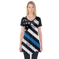 Usa Flag The Thin Blue Line I Back The Blue Usa Flag Grunge On Black Background Short Sleeve Tunic  by snek