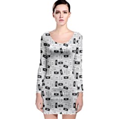 Tape Cassette 80s Retro Genx Pattern Black And White Long Sleeve Bodycon Dress by genx