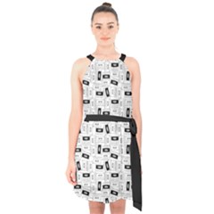 Tape Cassette 80s Retro Genx Pattern Black And White Halter Collar Waist Tie Chiffon Dress by genx