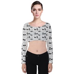 Tape Cassette 80s Retro Genx Pattern Black And White Velvet Long Sleeve Crop Top by genx