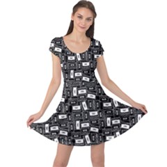 Tape Cassette 80s Retro Genx Pattern Black And White Cap Sleeve Dress by genx