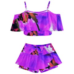 Abstract Ultra Violet Purple Iris On Red And Pink Kids  Off Shoulder Skirt Bikini by myrubiogarden