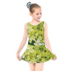 Elegant Chartreuse Green Limelight Hydrangea Macro Kids  Skater Dress Swimsuit by myrubiogarden