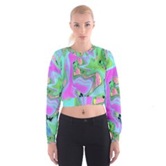 Retro Pink And Light Blue Liquid Art On Hydrangea Garden Cropped Sweatshirt by myrubiogarden