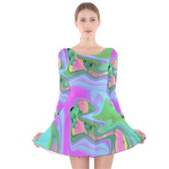 Retro Pink And Light Blue Liquid Art On Hydrangea Garden Long Sleeve Velvet Skater Dress by myrubiogarden