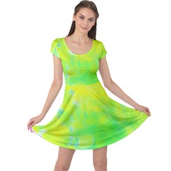 Fluorescent Yellow And Pink Abstract Garden Foliage Cap Sleeve Dress by myrubiogarden