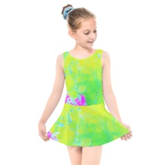 Fluorescent Yellow And Pink Abstract Garden Foliage Kids  Skater Dress Swimsuit by myrubiogarden