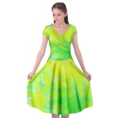 Fluorescent Yellow And Pink Abstract Garden Foliage Cap Sleeve Wrap Front Dress by myrubiogarden