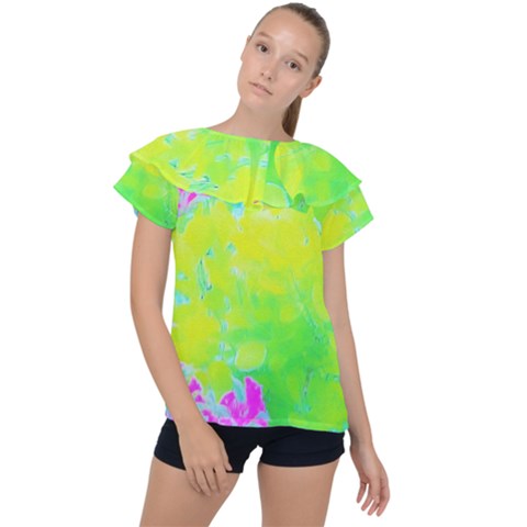 Fluorescent Yellow And Pink Abstract Garden Foliage Ruffle Collar Chiffon Blouse by myrubiogarden