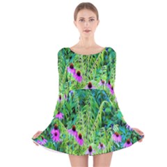 Purple Coneflower Garden With Tiger Eye Tree Long Sleeve Velvet Skater Dress by myrubiogarden