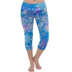 Snowflake Background Blue Purple Capri Yoga Leggings by Wegoenart