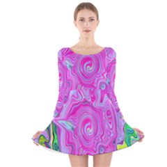 Groovy Pink, Blue And Green Abstract Liquid Art Long Sleeve Velvet Skater Dress by myrubiogarden