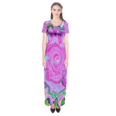 Groovy Pink, Blue And Green Abstract Liquid Art Short Sleeve Maxi Dress by myrubiogarden