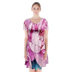 Art Painting Flowers Peonies Pink Short Sleeve V-neck Flare Dress by Wegoenart