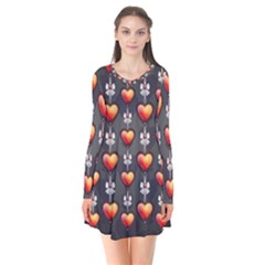 Love Heart Background Long Sleeve V-neck Flare Dress by Wegoenart