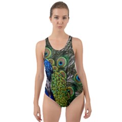 Peacock Close Up Plumage Bird Head Cut-out Back One Piece Swimsuit by Wegoenart