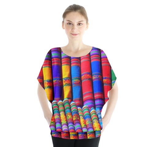 Substances Colorful Towels Scarf Batwing Chiffon Blouse by Wegoenart