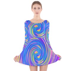 Cool Abstract Pink Blue And Yellow Twirl Liquid Art Long Sleeve Velvet Skater Dress by myrubiogarden