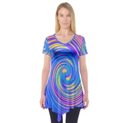 Cool Abstract Pink Blue And Yellow Twirl Liquid Art Short Sleeve Tunic  by myrubiogarden