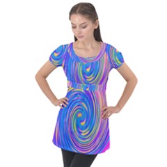 Cool Abstract Pink Blue And Yellow Twirl Liquid Art Puff Sleeve Tunic Top by myrubiogarden