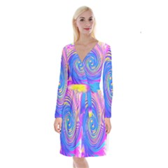 Cool Abstract Pink Blue And Yellow Twirl Liquid Art Long Sleeve Velvet Front Wrap Dress by myrubiogarden