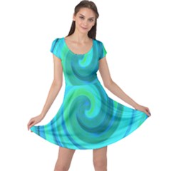 Groovy Cool Abstract Aqua Liquid Art Swirl Painting Cap Sleeve Dress by myrubiogarden