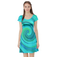 Groovy Cool Abstract Aqua Liquid Art Swirl Painting Short Sleeve Skater Dress by myrubiogarden