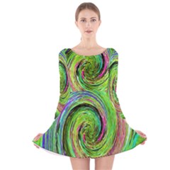 Groovy Abstract Green And Crimson Liquid Swirl Long Sleeve Velvet Skater Dress by myrubiogarden