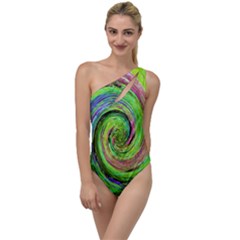 Groovy Abstract Green And Crimson Liquid Swirl To One Side Swimsuit by myrubiogarden