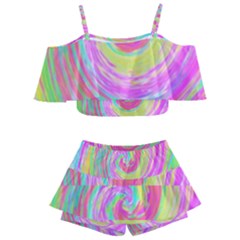 Groovy Abstract Pink And Blue Liquid Swirl Painting Kids  Off Shoulder Skirt Bikini by myrubiogarden