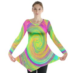 Groovy Abstract Purple And Yellow Liquid Swirl Long Sleeve Tunic  by myrubiogarden