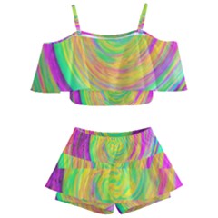 Groovy Abstract Purple And Yellow Liquid Swirl Kids  Off Shoulder Skirt Bikini by myrubiogarden