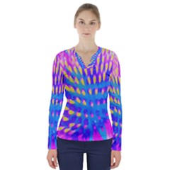 Pink, Blue And Yellow Abstract Coneflower V-neck Long Sleeve Top by myrubiogarden