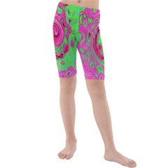 Groovy Abstract Green And Red Lava Liquid Swirl Kids  Mid Length Swim Shorts by myrubiogarden