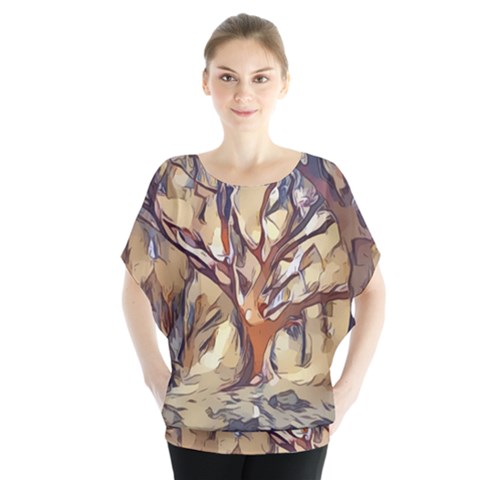 Tree Forest Woods Nature Landscape Batwing Chiffon Blouse by Pakrebo