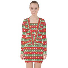 Christmas Papers Red And Green V-neck Bodycon Long Sleeve Dress by Pakrebo