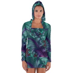 Fractal Turquoise Feather Swirl Long Sleeve Hooded T-shirt by Pakrebo