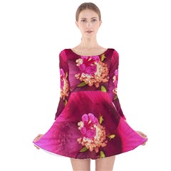 Deep Pink And Crimson Hibiscus Flower Macro Long Sleeve Velvet Skater Dress by myrubiogarden