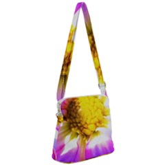 Purple, Pink And White Dahlia With A Bright Yellow Center Zipper Messenger Bag by myrubiogarden