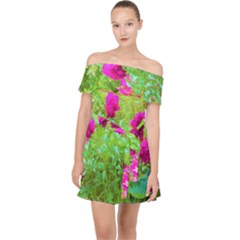 Impressionistic Purple Peonies With Green Hostas Off Shoulder Chiffon Dress by myrubiogarden