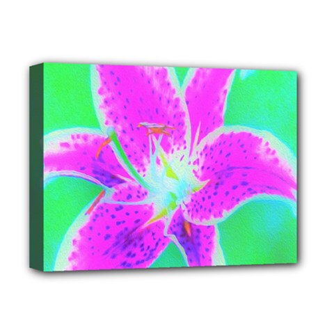 Hot Pink Stargazer Lily On Turquoise Blue And Green Deluxe Canvas 16  X 12  (stretched)  by myrubiogarden