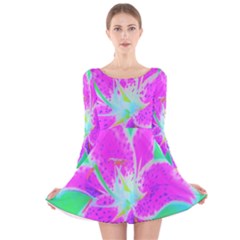 Hot Pink Stargazer Lily On Turquoise Blue And Green Long Sleeve Velvet Skater Dress by myrubiogarden