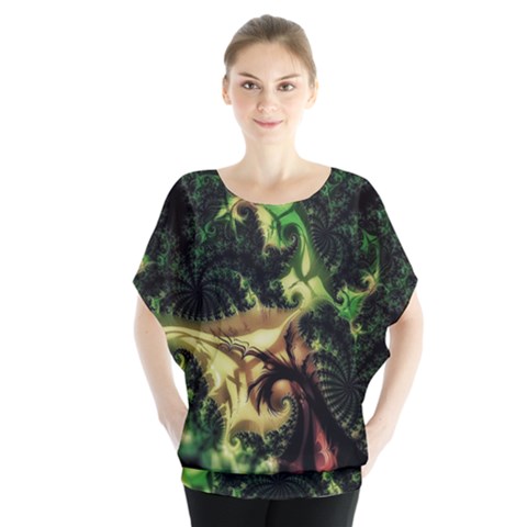 Fractal Cauliflower Green Rendered Batwing Chiffon Blouse by Pakrebo