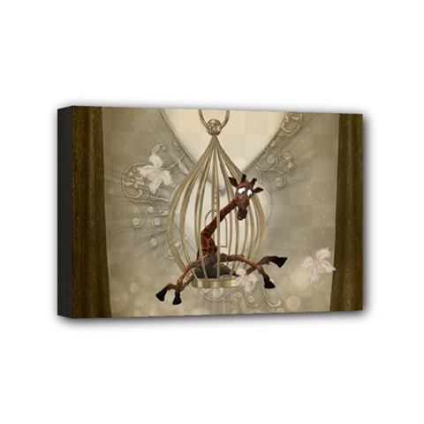 Funny Giraffe With Herats And Butterflies Mini Canvas 6  X 4  (stretched) by FantasyWorld7
